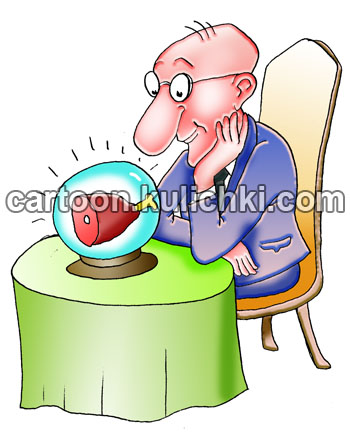 Карикатура о вреде мясных продуктов. Пожилой человек гадает полезно кушать мясо или вредно.