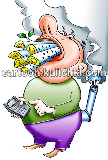 Карикатура о калориях. Больной ожирением подсчитывает на калькуляторе съеденные калории. Калории считаются будто бы жиры, углеводы и белки сжигают в печке. Глупость придуманная врачами.