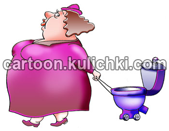 Карикатура о поносе. Люди страдающие ожирением имеют жидкий стул и возят с собой унитаз на колесиках. Полнота от углеводов к расстройству желудка.