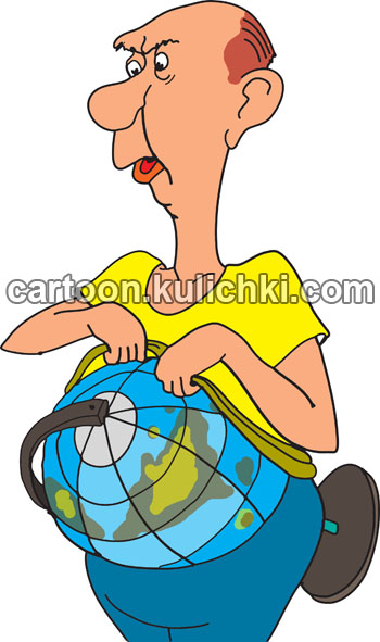 Карикатура о животе. Мужчина питается пищей богатой углеводами имеет огромный живот как глобус.
