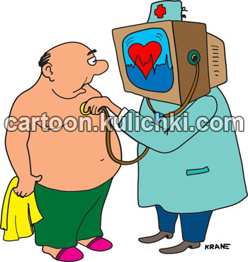 Карикатура о сердце. Врач слушает сердцебиение больного. На мониторе отображается пуль, гистограмма и другие показатели сердечной деятельности.