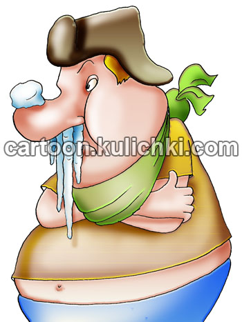 Карикатура о простуде. Больной гриппом с большим насморком, кашлем с высокой температурой обвязал горло шарфом.