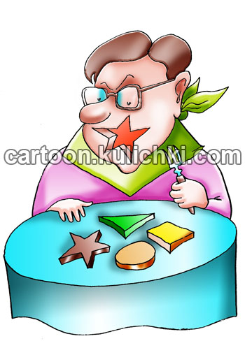 Карикатура о выборе продуктов питания. Человек выбирает за столом те продукты которые он хорошо переваривает.
