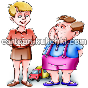 Карикатура о детях. Два мальчик один здоровый, а другой употребляет в пищу избыток углеводов и полнота на лицо и живот. Прыщи и раннее половое развитие. 