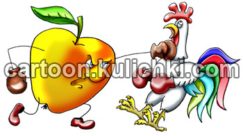 Карикатура о сладком яблоке и петухе. Иллюстрации к книге Константина Монастырского «Нарушения углеводного обмена»