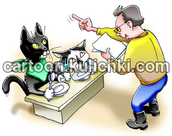 Карикатура о правильном питании. Коты за едой гремят вилками и ложками. Константин читает лекцию котам о пользе мышиного мяса для организма. 
