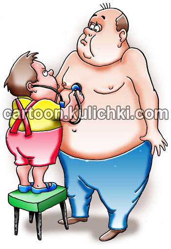 Карикатура о здоровье взрослых. Ребенок в семье толстяков проверяет здоровье своих родителей. Мальчик слушает в фонендоскоп взрослого. 