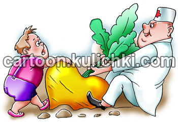 Карикатура об овощах. Врач с разрешения матери дает ребенку фрукты. Врачи советуют есть побольше фруктов. Все от фруктов полные и больные.