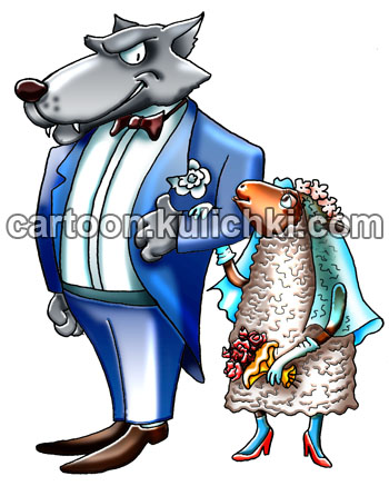 Карикатура о неравном браке. Не равный брак. Овечка выходит замуж за волка. Свадебное платье, фата, букет у невесты и жалостливо смотрит на своего жениха.