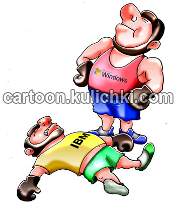 Карикатура о боксе. Два боксера. Один лежит в нокауте. Чистая победа.
