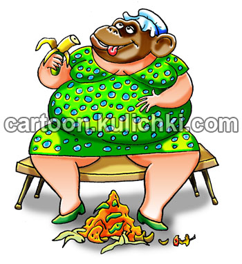 Карикатура про ожирение. Девушка поедающая бананы и апельсины выглядит как глупая толстая обезьяна.