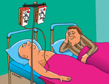 Карикатура о больнице. Больной лежит под капельницей. Он попал в реанимацию с инсультом из-за молока «Веселый молочник». Поругался с продавщицей.