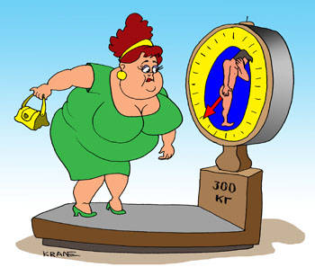 Карикатура о лишнем весе. Женщина полная взвешивается на весах. Избыточный вес и ожирение делает ее не привлекательной для любовников.