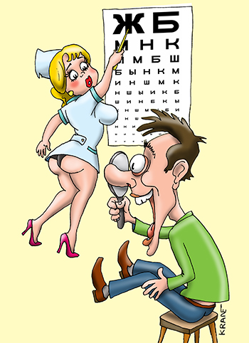 Карикатура про проверку зрения. Врач показывает пациенту таблицу для проверки зрения