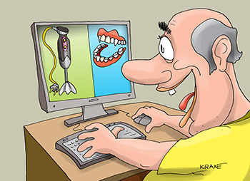 Карикатура про вставные зубы. Блендер гораздо дешевле чем вставные зубы. Измельчение пищи.