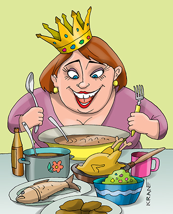 Карикатура про питание. Королева много ест и полнеет. Излишний вес украшает женщину пышными формами.