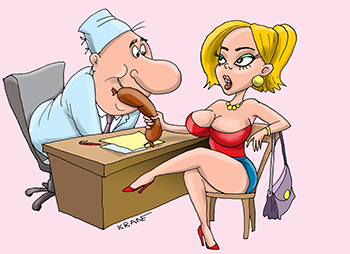 Карикатура про колбасу. Девушка жалуется доктору на колбасу. 