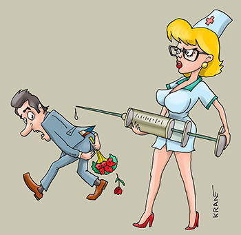 Карикатура про лечение. Медсестра с большим шприцем. Мужик убегает прикрывая свой зад.