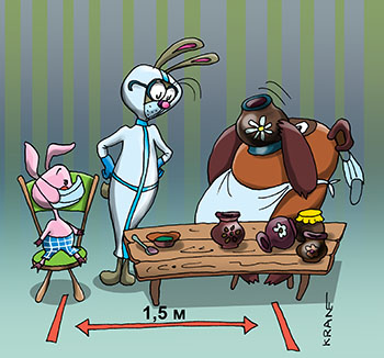 Карикатура про готей в пандемию. Винни Пух и Пятачок в гостях у Кролика. Масочный режим не соблюдает Винни Пух. Кролик в ковидном защитном костюме.