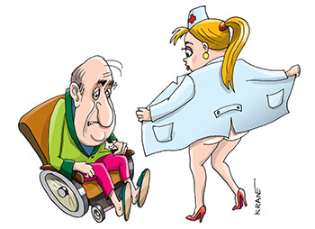 Карикатура про физиолечение. Медсестра пытается поднять настроение у пенсионера. Физиолечение.