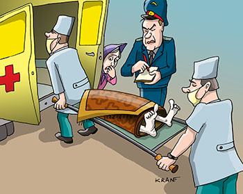 Карикатура про скорую помощь. Скорая помощь на носилках несет пострадавшего завернутого в ковёр.