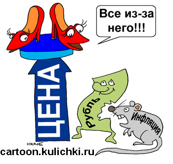 Карикатура про цены на обувь. Цена выросла из-за инфляции рубля.