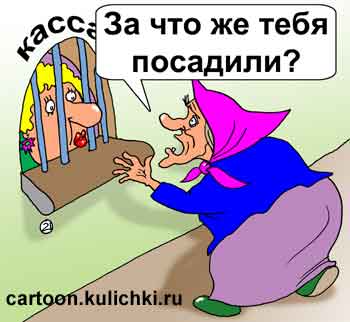 Карикатура про решетку на окне кассы. Бабушка увидела внучку в окне кассы за решеткой и подумала, что внучку посадили в тюрьму.