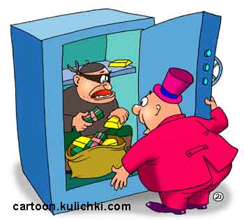 Карикатура про вора в сейфе. Банкир открыл сейф и обнаружил там медвежатника с полными сумками денег.