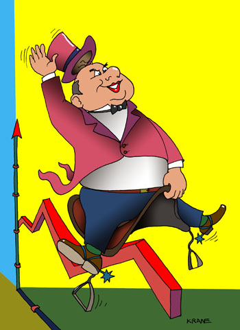 Карикатура о второй волне кризиса. Банкир оседлал вторую волну кризиса. Скачет на графике падения производства.
