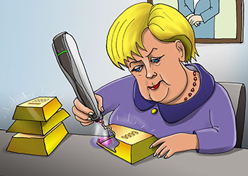 Карикатура о помощи Греции. Ангела Меркель в своем кабинете за столом красит губы. Нужно оказать помощь Греции. Чиновник предупреждает о развале Евросоюза. Меркель взяла мини три дэ принтер и нарисовала слитки золота для помощи кризисной экономики. 