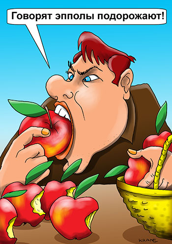 Карикатура о подорожании Iphon. Сидит мужик и откусывает от каждого яблока из корзины и складывает "готовую продукцию". "Говорят эпполы подорожают!"