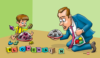 Карикатура про биткоин. BLOKCHAIN Ребенок Биткоин вставляет в игрушку, а удивленный взрослый папа принес ему кубики играть. Обучение финансовой грамотности с детства