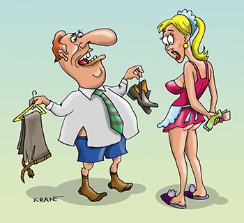 Карикатура про чистку карманов. Служанка чистит карманы не только от грязи, но и от денег.