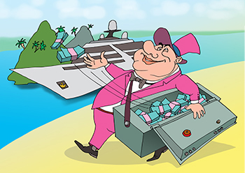 Карикатура про деньги на яхту. Банкир из сейфа швыряет деньги вкладчиков банка на свою яхту.