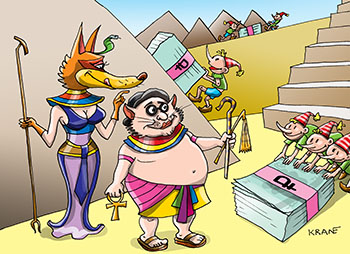 Карикатура про финансовые пирамиды. Кот Базилио и лиса Алиса как фараоны руководят строительством финансовыми пирамидами. Буратино таскает большие блоки из денег на строительство финансовых пирамид.
