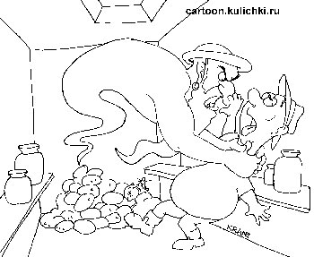 Карикатура о хранении дачного урожая в погребе. Опасный газ душит дачника спустившегося в ямку за урожаем.