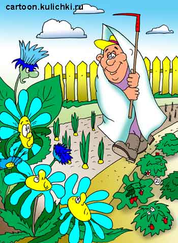 Карикатура про дачника и его тяжелый труд на огороде. Дачник с тяпкой похож на смерть с косой для травы и сорняков.
