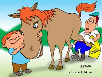 Карикатура о мальчике, который любит животных. Мальчик гладит лошадь. Никто больше не может подойти к этой лошади.