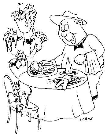 Карикатура о сезонных дачных работах. Дачник накрывает стол для дорогих гостей с блюдами только из овощей и фруктов со своей дачи. Все экологически чистое и полезное. Все витамины полезные для здоровья сохранены.     