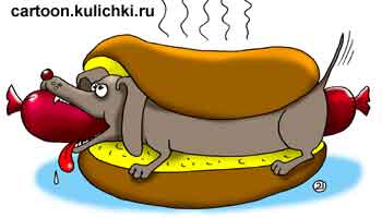 Карикатура о хот-доге. Хот-дог – это булочка с сосиской. Собака съела сосиску и хот-дог стал еще более питательным, а название бутерброда более оправданным.