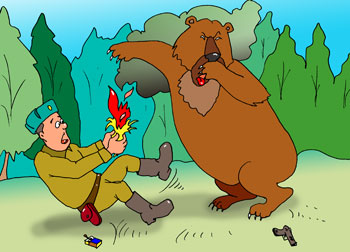 Карикатура про медведя. На солдата напал медведь. Солдат поджог пучок соломы и отпугнул медведя.