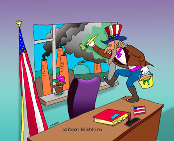 Карикатура про вредные выбросы в атмосферу. Промышленность США загрязняет атмосферу. Дядя Сэм красит окно в своем кабинете в зеленый цвет.