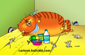 Комикс о жирном рыжем коте. Кот спит объевшись у своей миски. Мыши лезут со всех щелей.