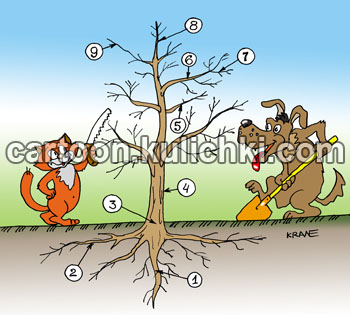 Карикатура о уходе за деревьями. Крона, ветки, корни дерева. Пес и кот работают в саду. 