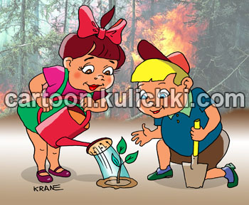 Мальчик и девочка садят саженцы деревьев и поливают из лейки. У мальчика лопатка.