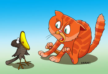 Карикатура о кукушонке. Птенец кукушки напугал кота открыв широко свой желтый рот.