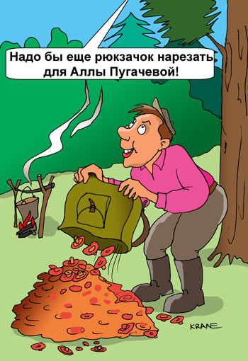 Карикатура о грибах для Аллы Пугачевой. Мужик нарезал много рыжиков. А зимой у него в гостях была Алла Пугачева и он ей дал в дорогу баночку соленых рыжиков. 