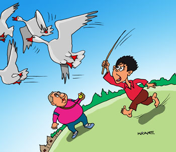 Карикатура о физкультуре. Физрук с секундамером заставляет деревенских школьников бегать на время после того как дети набегаются по полям за гусями. Гуси улетели от пастушка сами домой.