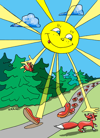 Карикатура о рыжиках. Солнце всем веснушки раздает. Рыжая лиса и белочка. След от солнца - грибы рыжики.
