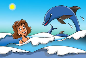 Карикатура про дельфинов. Девушка плавала в море. К ней подплыли дельфины.